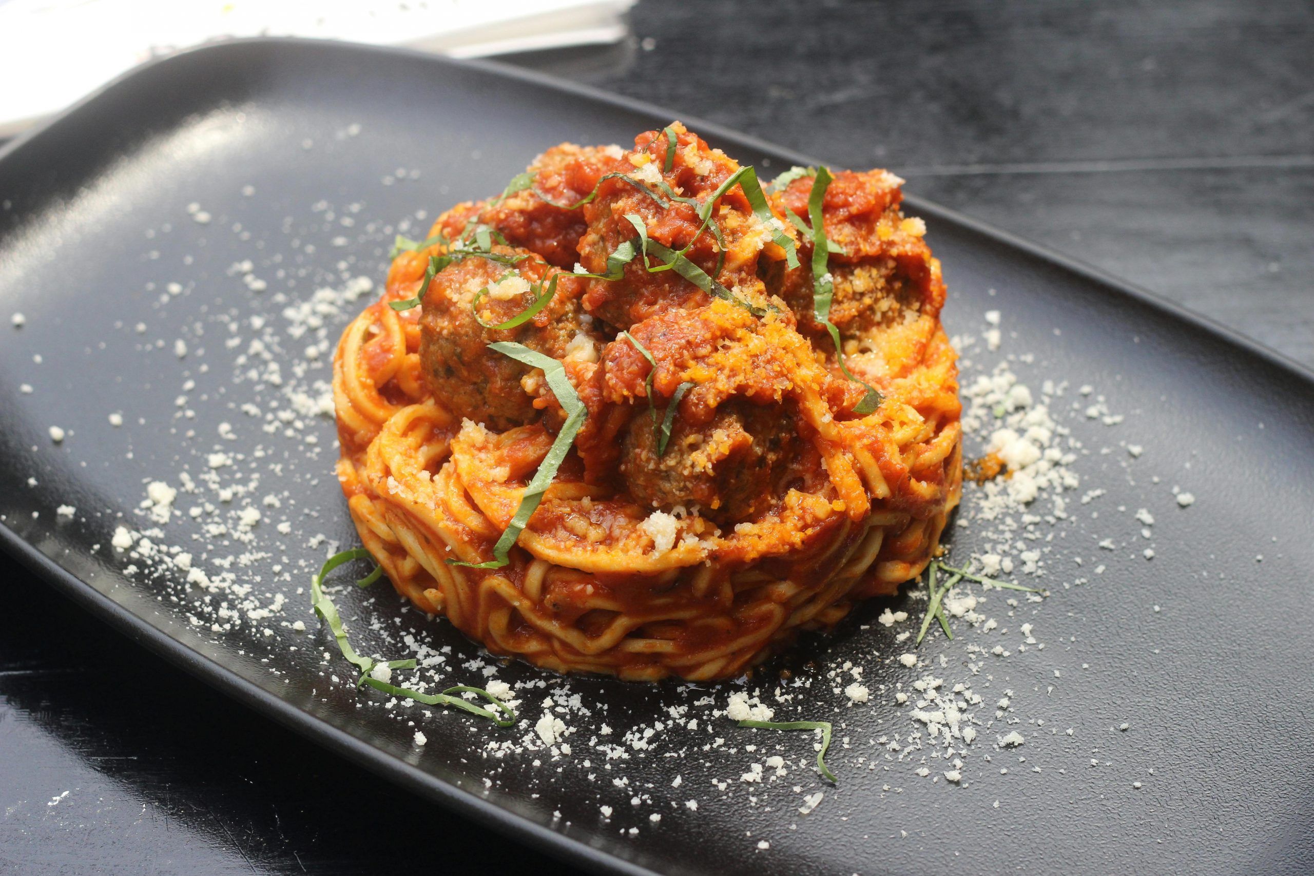 spaghetti with tomato-basil sauce and veggie meatballs